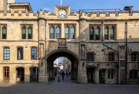 The Stonebow and Guildhall medieval town gate main city High Street, Lincoln, Lincolnshire,