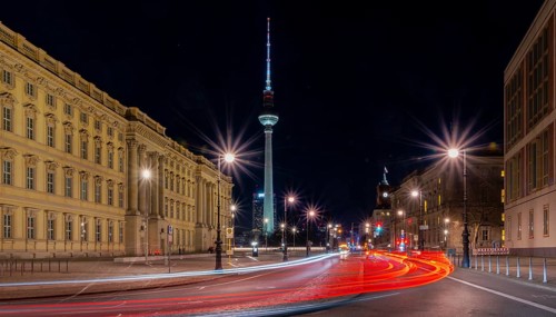 Night shots, Berlin Mitte, Humboldtforum and television tower, Berlin, Germany, Europe