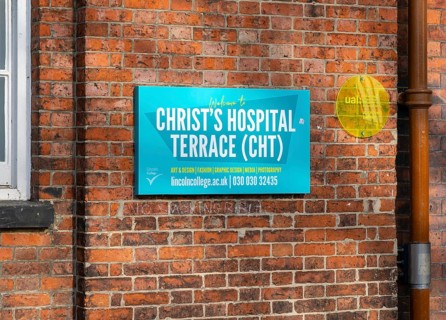 Sign for Lincoln College at Christ's Hospital Terrace, city of Lincoln, Lincolnshire, England, UK
