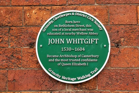 Plaque for John Whitgift 1530-1604, Archbishop of Canterbury, Grimsby, north east Lincolnshire,