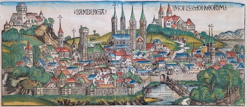 Medieval town view, general view of Bamberg or Bamberga, old coloured woodcut, Latin edition, from: