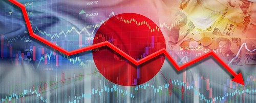 Japan financial crisis on economic graph. Financial fall of Japan on economy market