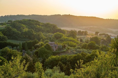 Hilly landscape in Tuscany, view from the upper city wall of Montepulciano, Tuscany, Italy, Europe