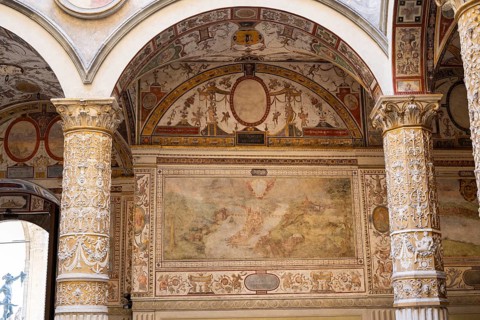 The courtyard of Palazzo Vecchio, Florence, wall paintings, UNESCO World Heritage Site, Tuscany,