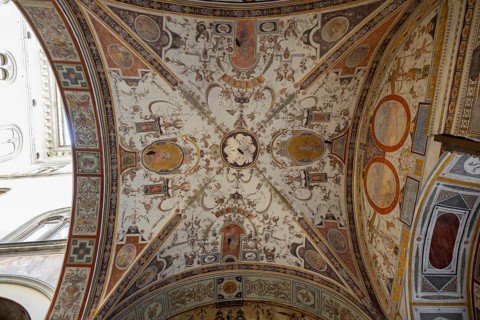 The courtyard of Palazzo Vecchio, Florence, wall paintings, UNESCO World Heritage Site, Tuscany,
