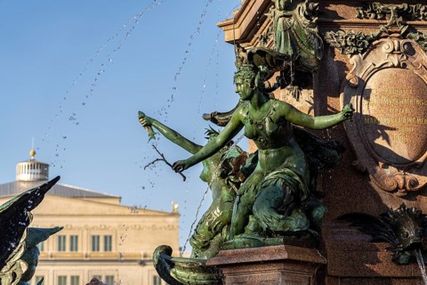 Mendebrunnen fountain in front of the Leipzig Opera on Augustusplatz, Leipzig, Saxony, Germany,