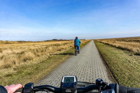 The East Frisian North Sea island of Juist in winter, cycling in the west of the island, on dyke