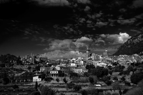 View of the mountain village Valldemossa, church Iglesia de la Cartuja, Real Cartuja (royal