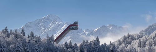 Mountain panorama over the Freibergsee in winter, near Oberstdorf, behind the Heini-Klopfer ski
