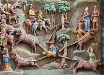 Altarpiece from 1667, legend of Genoveva of Brabant, quadripartite Golos, St., Saint, Saint
