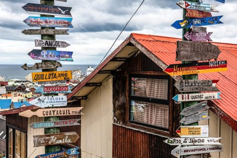 Milemarker at the viewpoint over Punta Arenas, Patagonia, Chile, South America