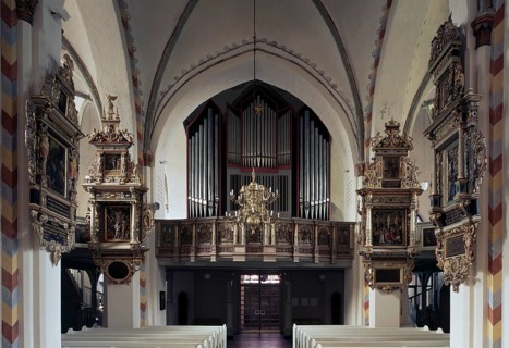 Interior view to the west with the Walcker organ and the epitaphs, St., Sankt, Saint