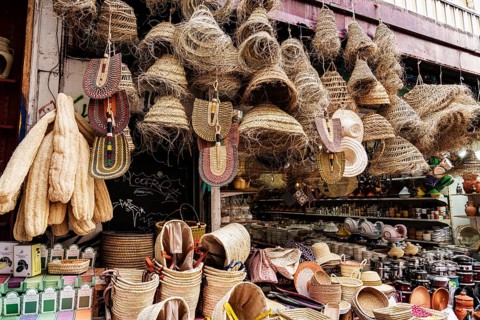 Shop exterior, loofah, lamps, baskets, natural material, Noailles, oriental neighbourhood in