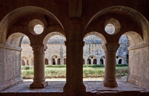 Cistercian monastery founded in 1146, cloister north wing biforium with view through to the east