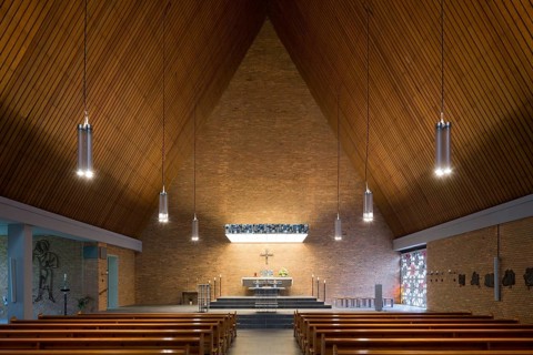 Built in 1963/64 by Josef Bieling, view to the altar with lighting, St., Sankt, Saint
