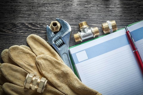 Adjustable spanner pipe connectors leather protective gloves notepad pen