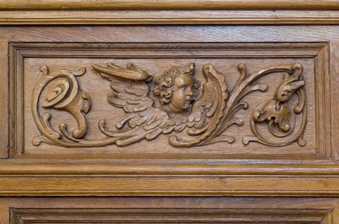 Jakobikirche, pews in the nave, carvings from the 17th century, putti, St., Sankt, Saint
