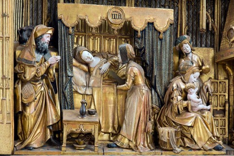 Marian reredos in the Chapel of the Virgin Mary, upper left wing: Birth of Mary, St, Saint, Saint