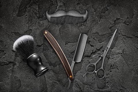 Black Barber Tools. Barber Shop. Shaving Brush Stright Razor Scissors Comb Symbol