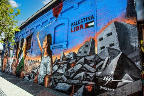 Graffiti art Free Palestine in the Bellavista neighbourhood, Santiago de Chile, Chile, South