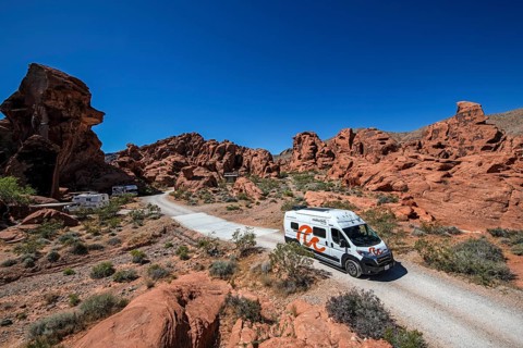 Motorhome at Atlatl Rock Campground, Valley of Fire State Park, Nevada, USA, North America