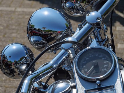 Chrome details of a motorbike with several round mirrors and instruments, Appelhülsen, münsterland,