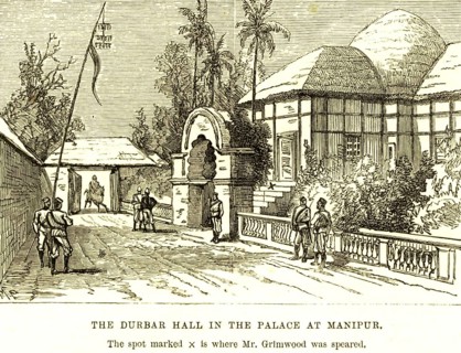 The Durbar Hall in the palace at Manipur, the spot marked cross is where Mr. Grimwood was speared,