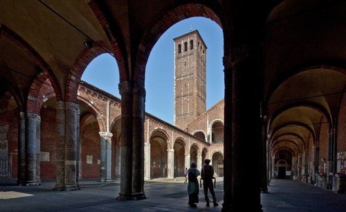 Italy Milan Milan Church of San Ambrogio 12th century Atrium inside with Campanile dei Canonici and