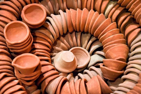 Earthenware terracotta oil lamps on diwali deepawali festival