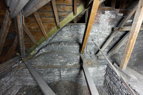 Above the choir vault, view from the east of the wall above the choir arch, Church of St., Church