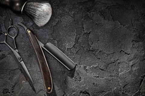 Black Tools Of Barber. Barber Shop. Professional Hair Cutting Scissors Hairdresser Stright Razor