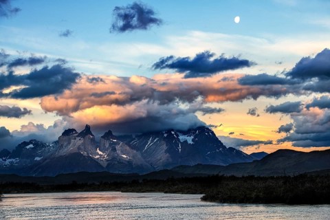 View over Lago Paine to the Cuernos and Torres del Paine, Torres del Paine National Park,