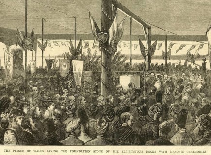 The prince of Wales laying the foundation stone of the Elphinstone docks with masonic ceremonies,