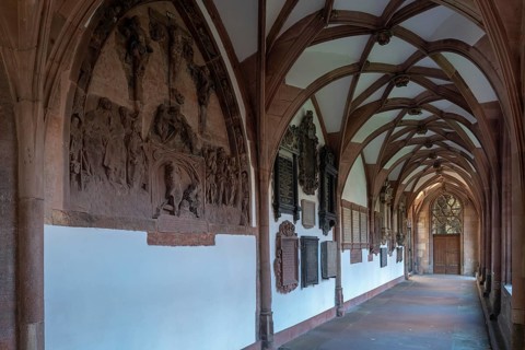 Basel, cathedral (Basel Minster), large cloister, west wing, in front the tomb of Wolfgang von