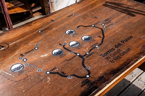 W-Trail painted on the table, Rifugio Chileno, Torres del Paine National Park, Patagonia, Chile,