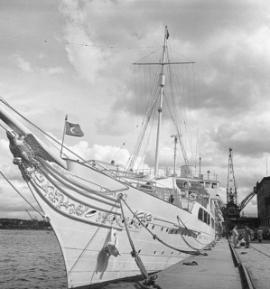 Ship in the harbour 1956. A Turkish passenger ship in Stockholm's harbour. A carved eagle adorning