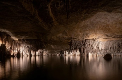 Porto Christo, Majorca, Coves del Drac, dragon cave, underground lake with stalactites