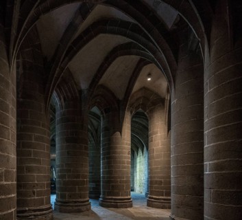 Mont-Saint-Michel, monastery mountain, crypt of the massive columns built in the middle of the 15th