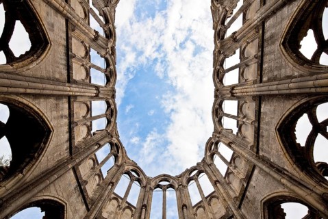 Cistercian abbey mid 13th century, church ruins choir, central view to the clerestory windows, St.,
