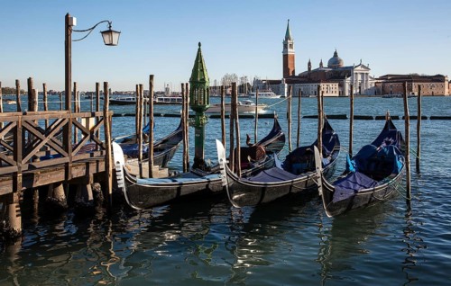 Italy Venice Piazzetta -499 Landing stage for gondolas in the background Monastery island of San