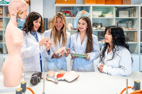 Four smiling female medical students examining anatomical models in a university laboratory,