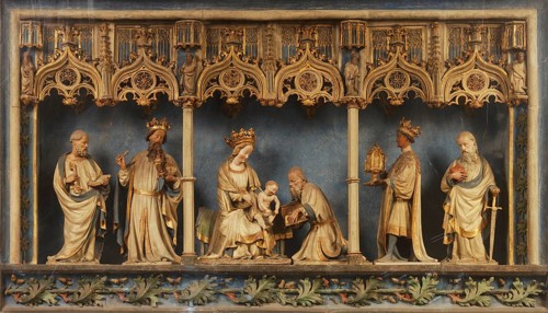Late Gothic altar shrine with the Adoration of the Magi (fired from local clay around 1420), St.,