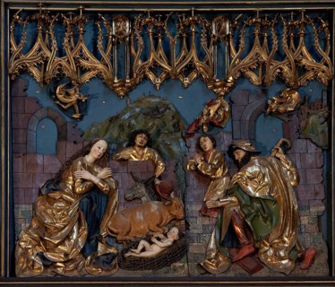 Main altar by Veit Stoß 1477-1489, left wing centre: Nativity of Christ, St., Saint, Saint