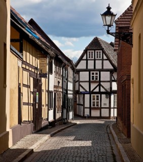 Tangermünde Elbe market street to the south with half-timbered gabled house BUHNENKOPF 74814 built
