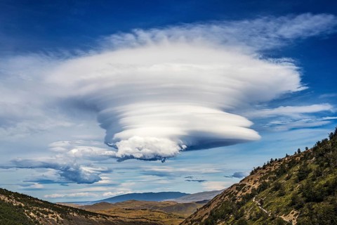 Foehn clouds over the Torres del Paine National Park, Patagonia, Chile, South America