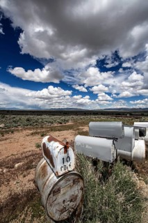 Letterboxes, mailboxes, cumulus clouds Highway 50, Loneliest Road in America, Ely, Nevada, USA,