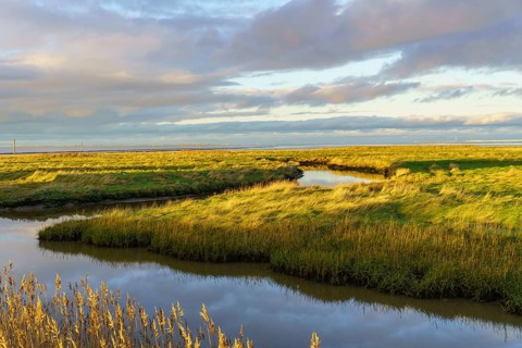 River winds through a green landscape, clouds are reflected in the water, wangerooge, east frisia,