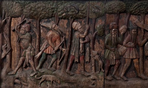 Novgorod rider's chair, relief of Russian fur hunters, 14th century, St., Sankt, Saint