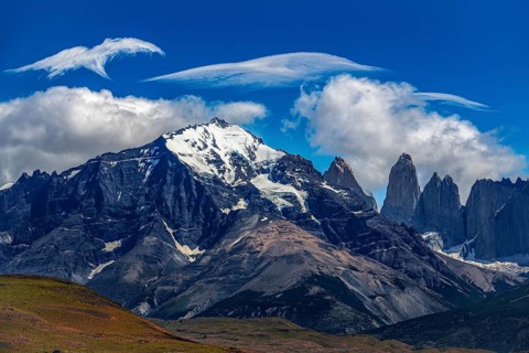 Foehn clouds over the Torres, Torres del Paine National Park, Patagonia, Chile, South America