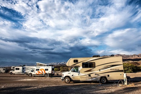 Motorhomes at the Furnace Creek Oasis Campground, Death Valley National Park, California, USA,